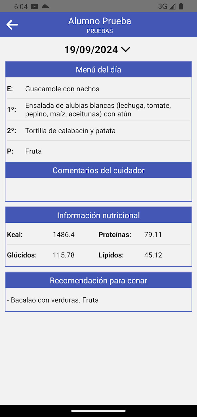 App de comedor escolar Como como en el cole mostrando el menú del día