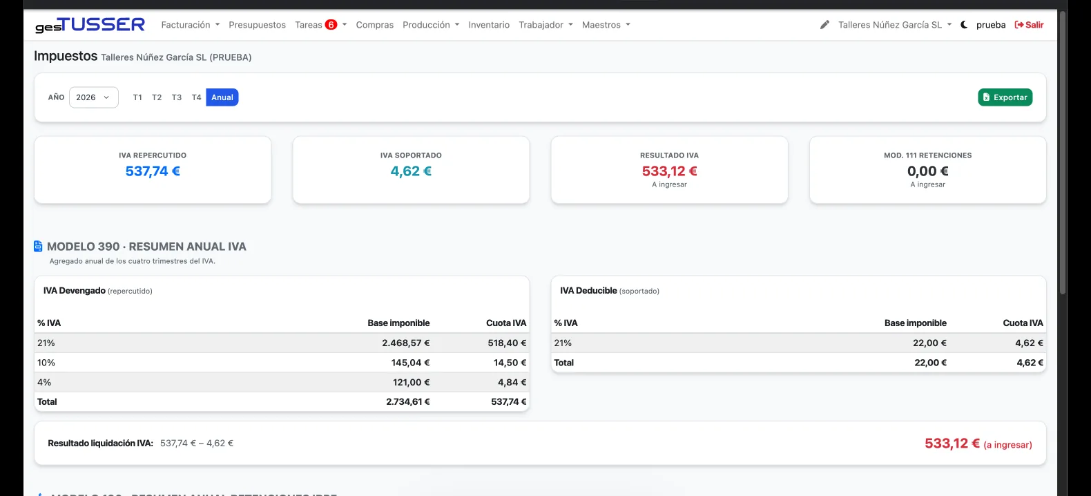 Detalle de una factura en Gestusser mostrando el hash Verifactu, el QR de verificación y la confirmación de envío a la AEAT