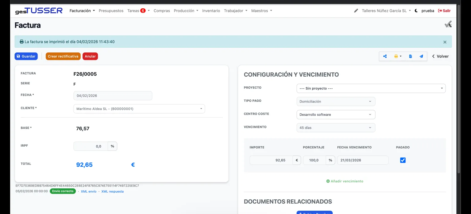 Detalle de factura Verifactu en Gestusser con hash criptográfico, QR de verificación y registro de envío a la AEAT