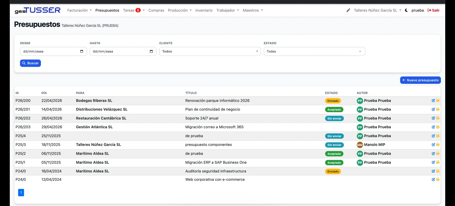 Listado de presupuestos en Gestusser con su estado: enviado, aceptado o rechazado